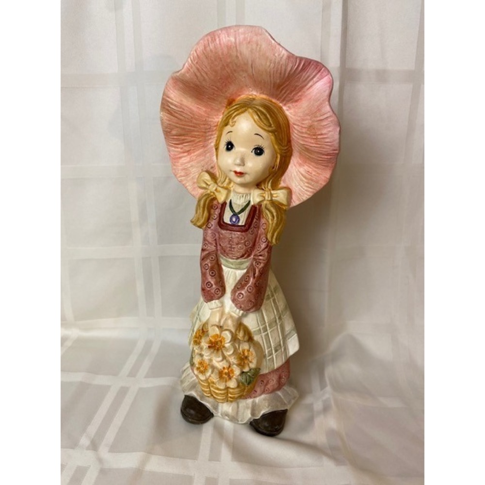 Vintage Enesco Ceramic Coin Bank Girl Figurine Pink Sun Hat Flower Basket 13.5"